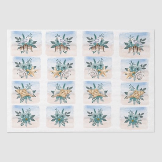 Coastal Sandpipers Flowers Shells Decoupage Paper 薄葉紙 (正面)