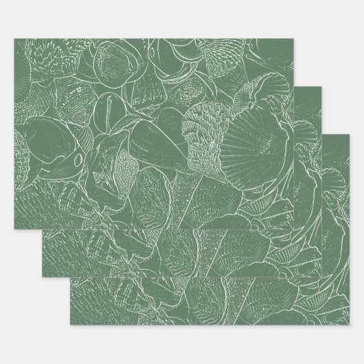 Coastal Sea Shell Beach Green White Decoupage ラッピングペーパーシート (セット)
