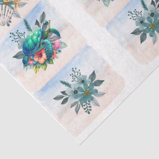 Coastal Sea Turtles Flowers Seashells Decoupage  薄葉紙 (詳細)