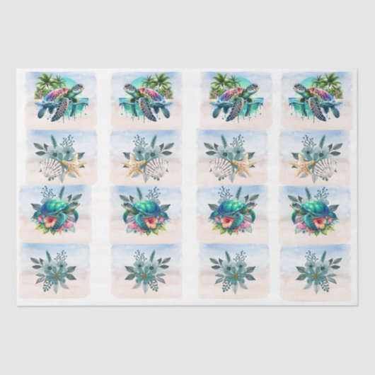 Coastal Sea Turtles Flowers Seashells Decoupage  薄葉紙 (正面)