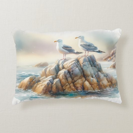 Coastal Seagulls Watercolor Seascape アクセントクッション (正面)