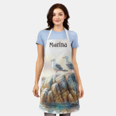 Coastal Seagulls Watercolor Seascape エプロン (着用した状態)