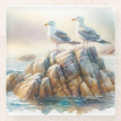 Coastal Seagulls Watercolor Seascape ガラスコースター (正面)