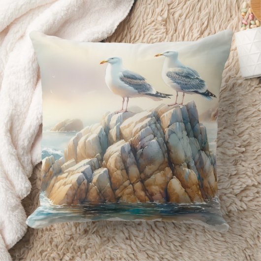 Coastal Seagulls Watercolor Seascape クッション (ブランケット)