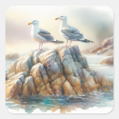 Coastal Seagulls Watercolor Seascape スクエアシール (正面)