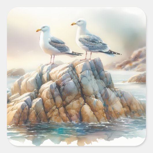 Coastal Seagulls Watercolor Seascape スクエアシール (正面)