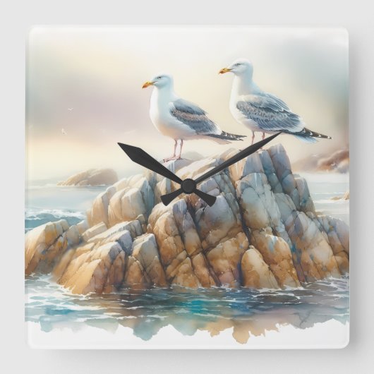 Coastal Seagulls Watercolor Seascape スクエア壁時計 (正面)