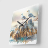 Coastal Seagulls Watercolor Seascape スクエア壁時計 (傾斜)