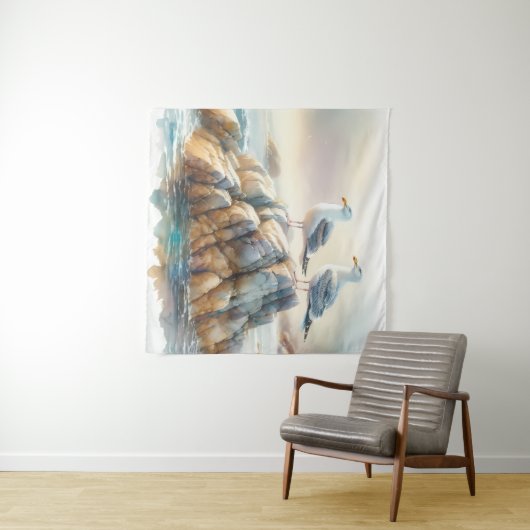 Coastal Seagulls Watercolor Seascape タペストリー (インサイチュ(横))