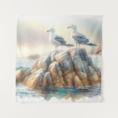 Coastal Seagulls Watercolor Seascape タペストリー (正面)