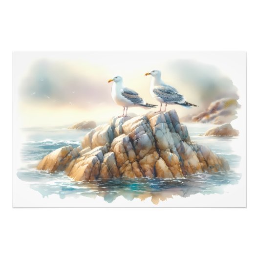 Coastal Seagulls Watercolor Seascape フォトプリント (正面)