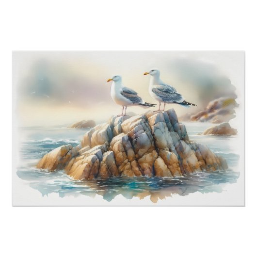 Coastal Seagulls Watercolor Seascape ポスター (正面)