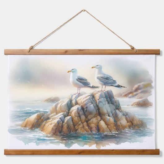 Coastal Seagulls Watercolor Seascape 吊り下げ型タペストリー (正面)