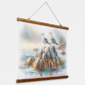 Coastal Seagulls Watercolor Seascape 吊り下げ型タペストリー (傾斜あり)