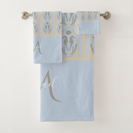Coastal Seahorse Cameo Blue Cream Strip Monogram  バスタオルセット (インサイチュ)