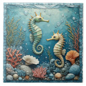 Coastal Seahorse Couple Ocean Corals Tropical Aqua タイル (正面)