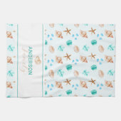 Coastal Seashell Beach House Decor Family Name キッチンタオル (横)