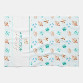Coastal Seashell Beach House Decor Family Name キッチンタオル