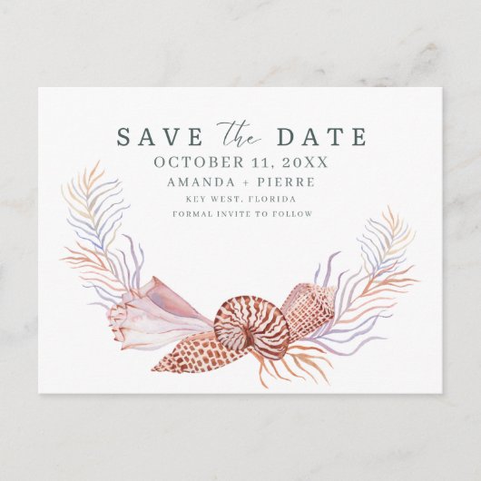 Coastal Seashell Beach Wedding Save the Date 案内ポストカード (正面)