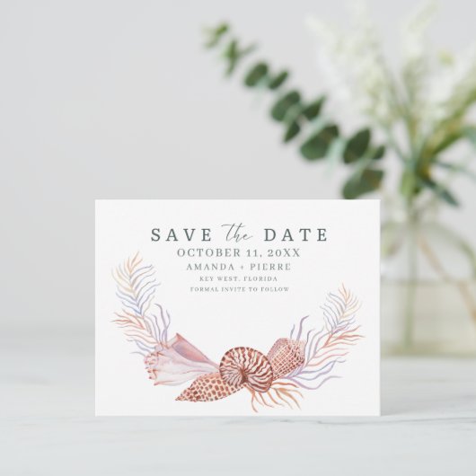 Coastal Seashell Beach Wedding Save the Date 案内ポストカード (スタンド正面)