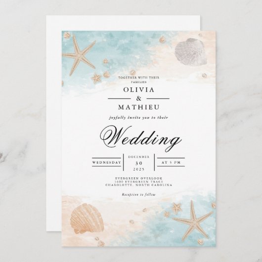 Coastal Seashell Bloom Wedding 招待状 (正面/裏面)