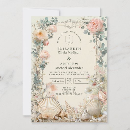 Coastal Seashell Botanical Wedding 招待状 (正面)