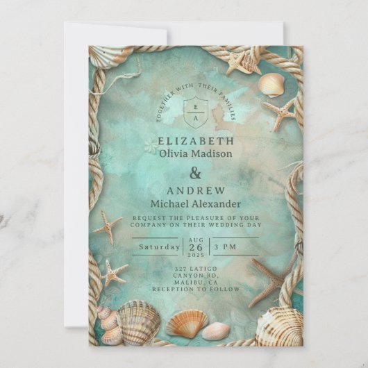 Coastal Seashell Botanical Wedding 招待状 (正面)