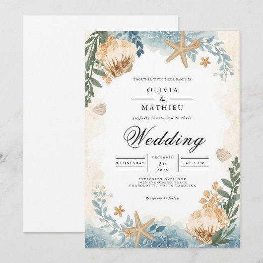 Coastal Seashell Botanical Wedding 招待状 (正面/裏面)