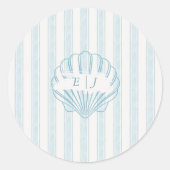 Coastal Seashell Bride Groom Initial Blue ラウンドシール (正面)