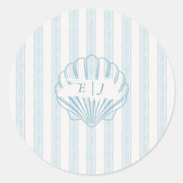 Coastal Seashell Bride Groom Initial Blue ラウンドシール