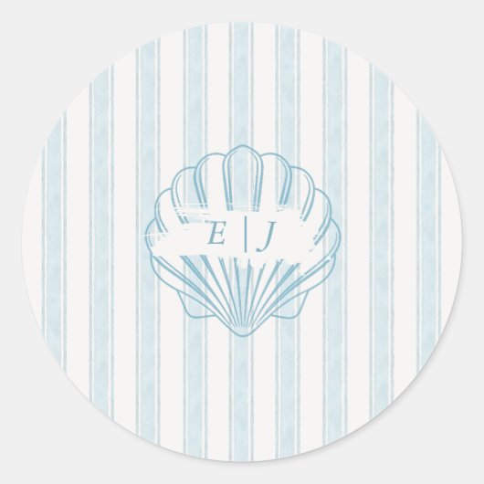 Coastal Seashell Bride Groom Initial Blue ラウンドシール (正面)