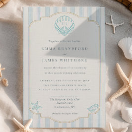Coastal Seashell Monogram Nautical Striped Wedding 招待状