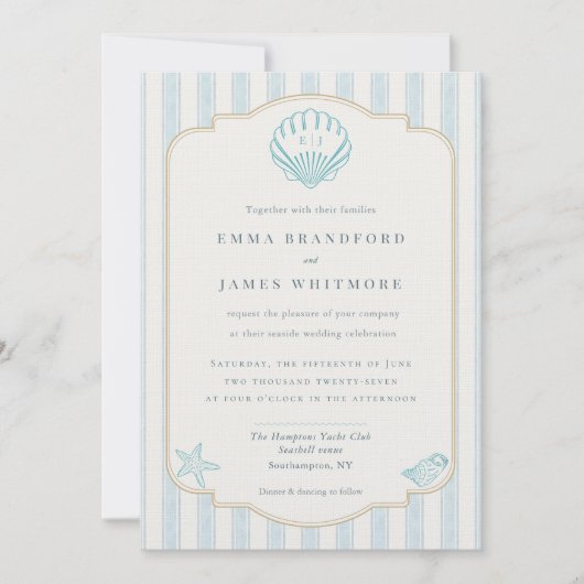 Coastal Seashell Monogram Nautical Striped Wedding 招待状 (正面)