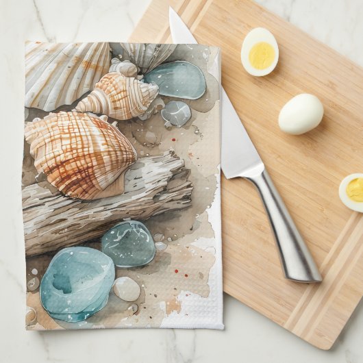 Coastal Seashell Watercolor Driftwood Scene キッチンタオル (四つ折り)