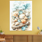 Coastal Seashell Watercolor Driftwood Scene キャンバスプリント (インサイチュ (リビング))