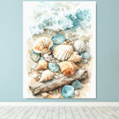 Coastal Seashell Watercolor Driftwood Scene キャンバスプリント (インサイチュ (ウッドフロア))