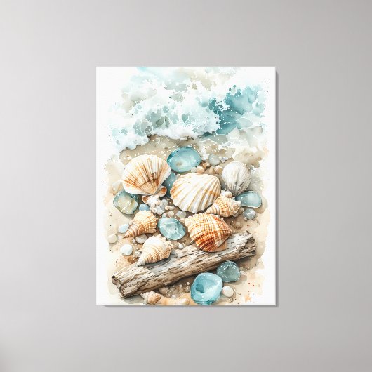 Coastal Seashell Watercolor Driftwood Scene キャンバスプリント (正面)