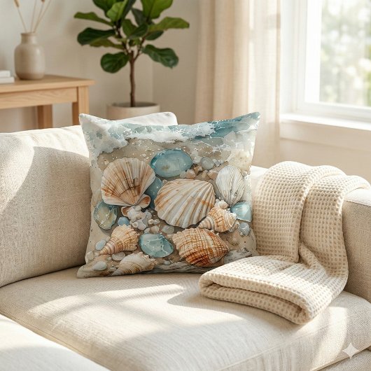 Coastal Seashell Watercolor Driftwood Scene クッション