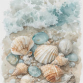 Coastal Seashell Watercolor Driftwood Scene シール (正面)