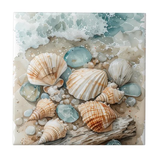 Coastal Seashell Watercolor Driftwood Scene タイル (正面)