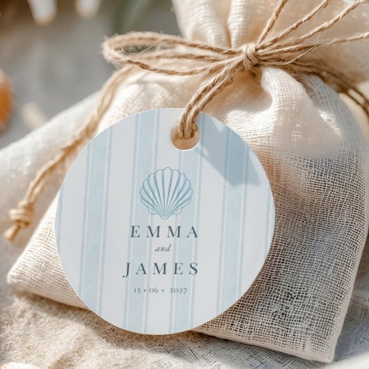 Coastal Seashell White Blue Wedding フェイバータグ