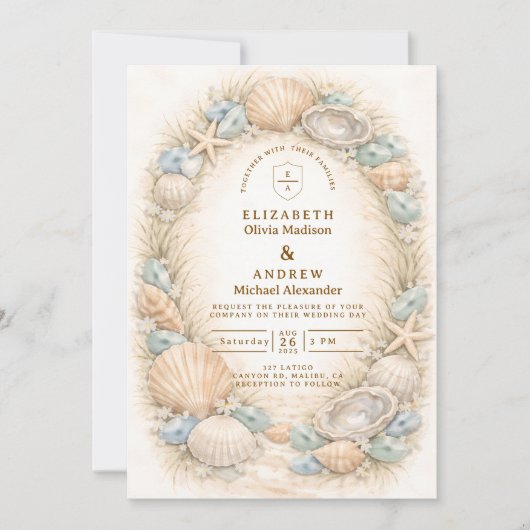 Coastal Seashell Wreath Wedding 招待状 (正面)
