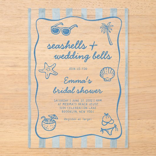 Coastal Seashells and Wedding Bells Bridal Shower アクリル招待状 (正面)