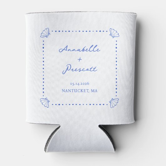 Coastal Shell Blue Border Personalized Wedding 缶クーラー (正面)