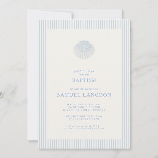 Coastal shell blue striped baptism Invitation 招待状 (正面)
