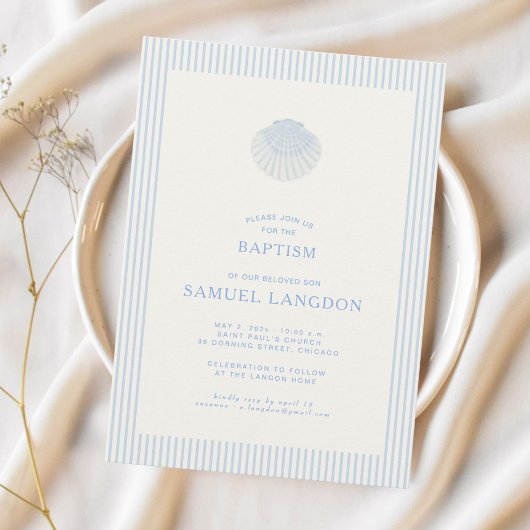 Coastal shell blue striped baptism Invitation 招待状