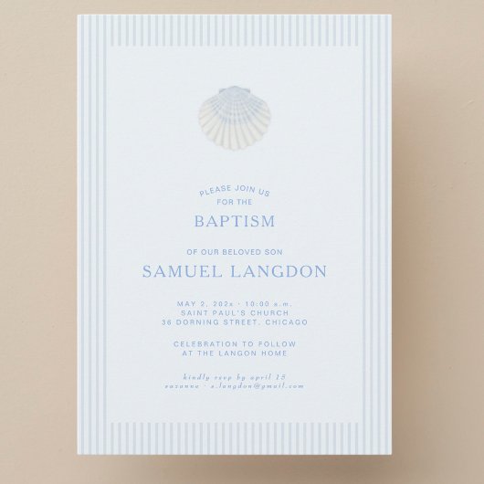 Coastal shell blue striped baptism Invitation 招待状