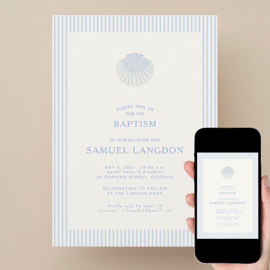 Coastal shell blue striped baptism Invitation 招待状