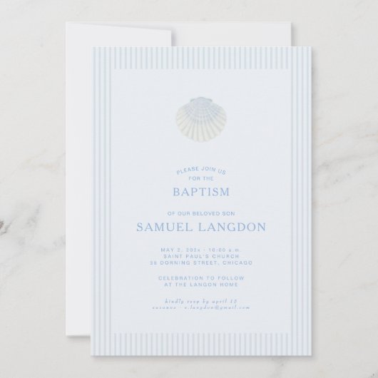 Coastal shell blue striped baptism Invitation 招待状 (正面)