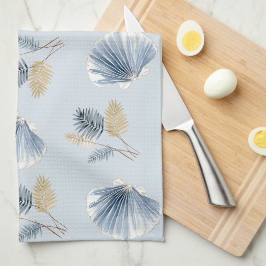 Coastal Shell Botanical | Soft Blue キッチンタオル (四つ折り)